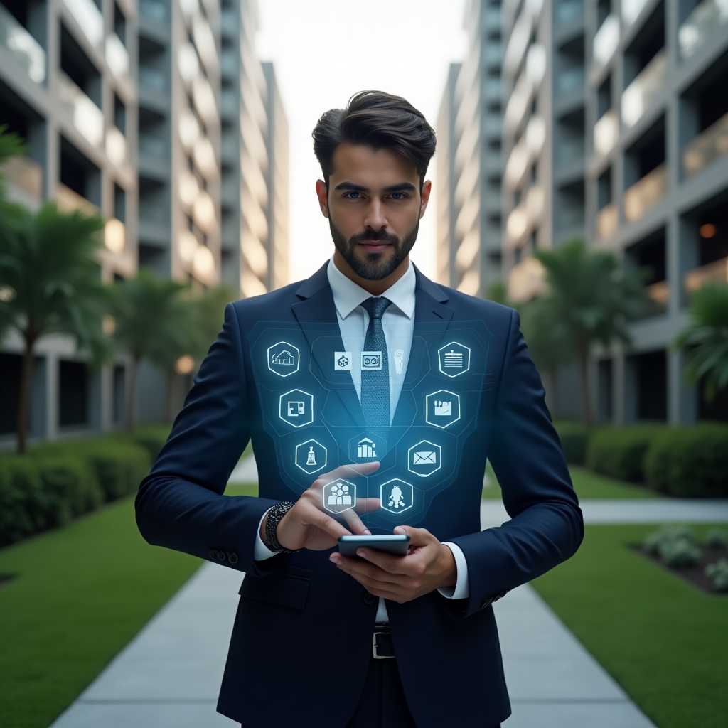 (Ultra-realistic condominium manager in a tailored navy suit, set in a modern luxury condominium environment with high-rise buildings and manicured green landscaping, holding and interacting with a semi-transparent holographic interface displaying app icons for security, financial charts, and community messaging, confident and focused expression, cinematic lighting, shallow depth of field, highly detailed textures, realistic skin, photographic realism, 8k resolution --ar 1:1 --v 6)