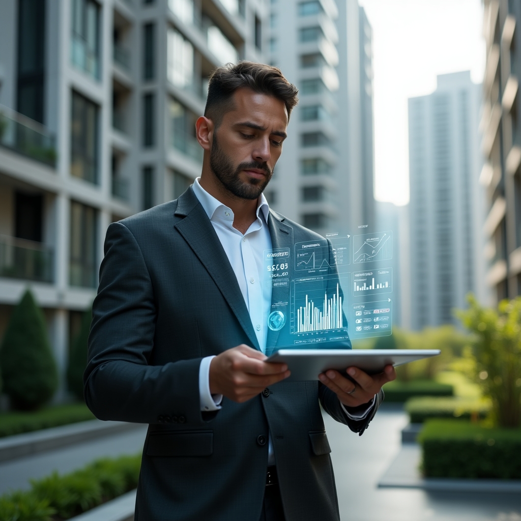 Ultra-realistic condominium manager in a charcoal gray tailored suit, set in a modern luxury condominium environment with high-rise buildings and manicured green landscaping, examining a transparent tablet projecting a holographic dashboard of an **aplicativo para condomínio**, confident and thoughtful expression, floating app icons and data charts around them, cinematic lighting, shallow depth of field, highly detailed textures, realistic skin, photographic realism, 8k resolution --ar 1:1 --v 6
