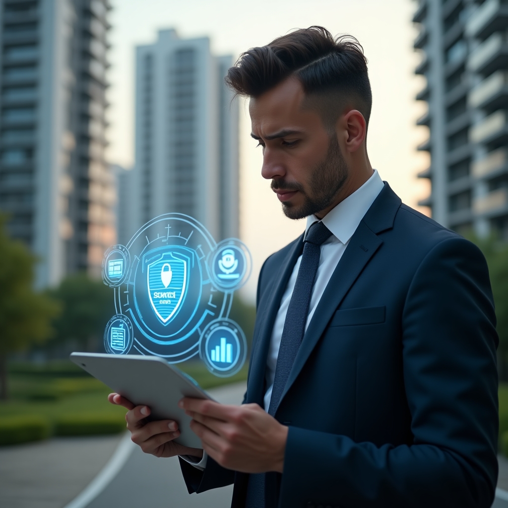 (Ultra-realistic condominium manager in a tailored navy suit, set in a modern luxury condominium environment with high-rise buildings and lush green landscaping, holding a tablet and analyzing a holographic condominium management app interface with security shield and cost-benefit graph icons floating beside, confident and focused expression, cinematic lighting, shallow depth of field, highly detailed textures, realistic skin, photographic realism, 8k resolution --ar 1:1 --v 6)