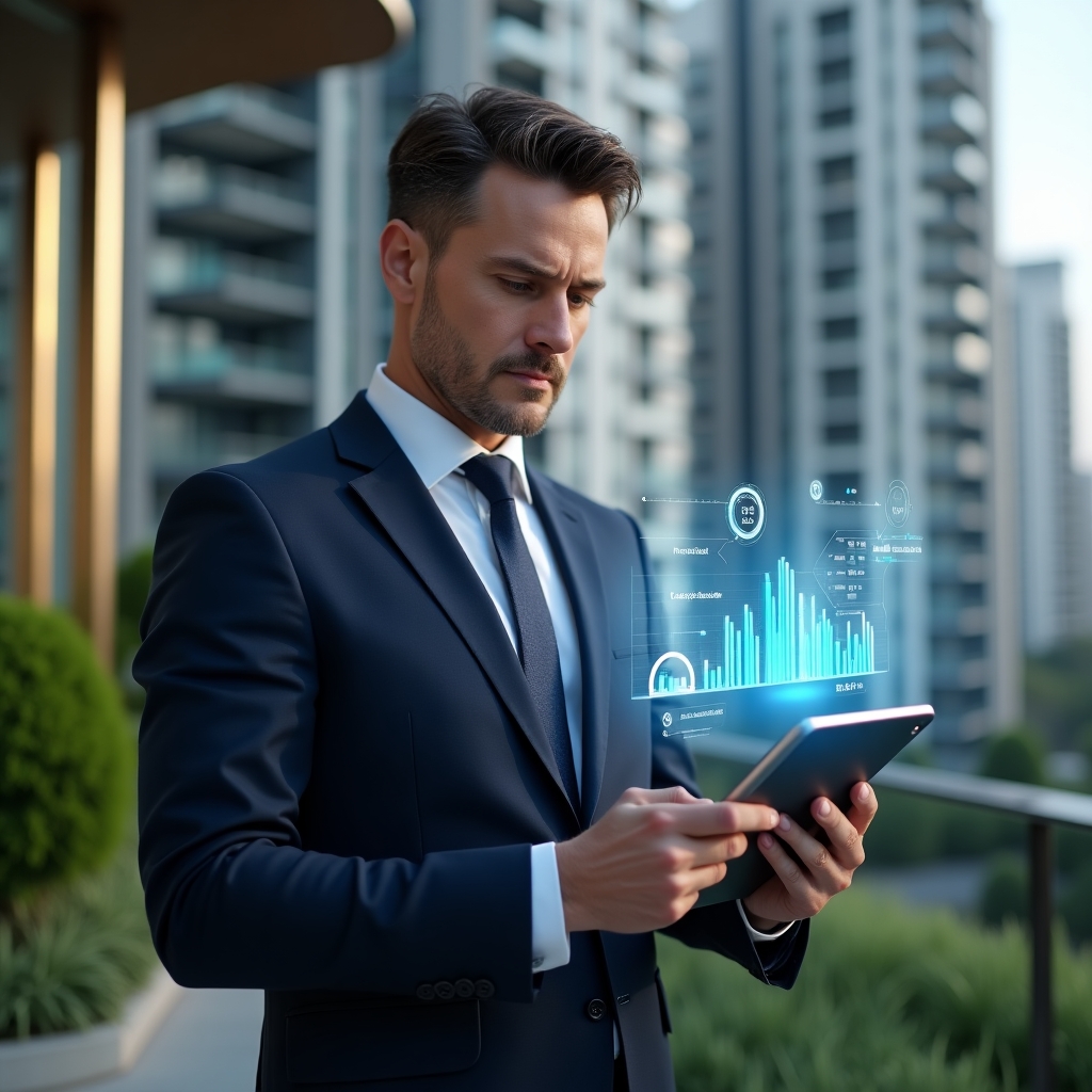 Ultra-realistic condominium manager in a navy suit, set in a modern luxury condominium environment with high-rise buildings and lush green landscaping, holding a tablet and analyzing holographic charts and app interface floating above the device, confident and focused expression, cinematic lighting, shallow depth of field, highly detailed textures, realistic skin, photographic realism, 8k resolution --ar 1:1 --v 6