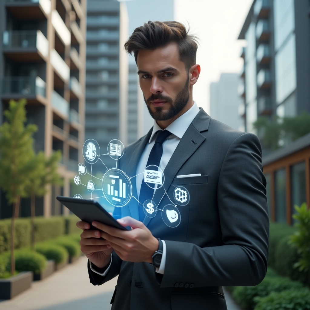 Ultra-realistic condominium manager in a charcoal gray suit, set in a modern luxury condominium environment with high-rise buildings and meticulously landscaped gardens, holding a tablet displaying a holographic interface of a condo management app, confident and focused expression, floating icons of financial charts, calendar and maintenance requests around the device, cinematic lighting, shallow depth of field, highly detailed textures, realistic skin, photographic realism, 8k resolution --ar 1:1 --v 6