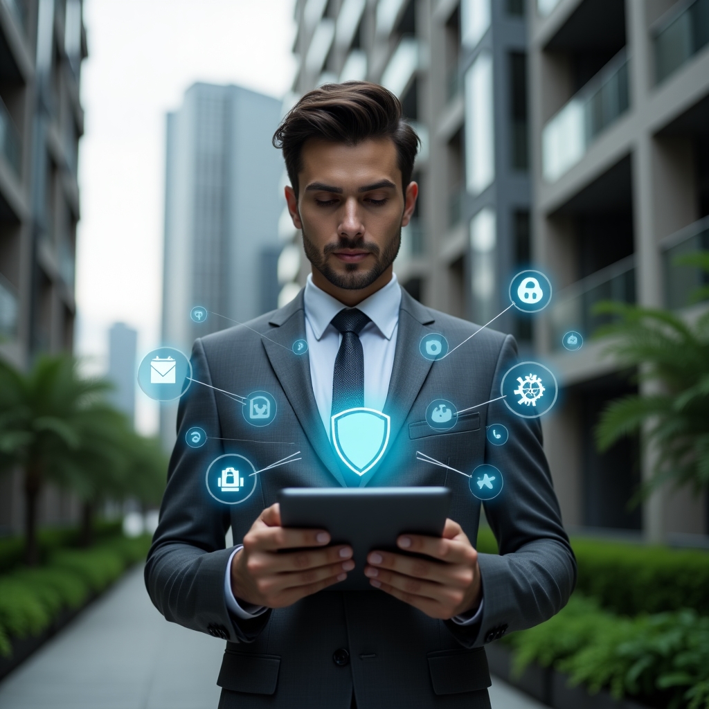 Ultra-realistic condominium manager in a charcoal gray suit, set in a modern luxury condominium environment with high-rise buildings and manicured green gardens, holding a tablet displaying a holographic condominium management app interface, surrounded by floating icons of a security shield, gears and chat bubbles, confident and focused expression, cinematic lighting, shallow depth of field, highly detailed textures, realistic skin, photographic realism, 8k resolution --ar 1:1 --v 6
