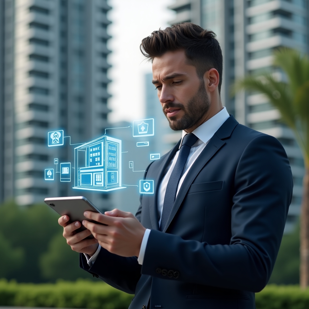 Ultra-realistic condominium manager in a tailored navy suit, set in a modern luxury condominium environment with high-rise buildings and manicured greenery, holding a tablet and thoughtfully analyzing a holographic condominium management app interface, holographic icons of building, graphs and security shields floating beside, confident and focused expression, cinematic lighting, shallow depth of field, highly detailed textures, realistic skin, photographic realism, 8k resolution --ar 1:1 --v 6
