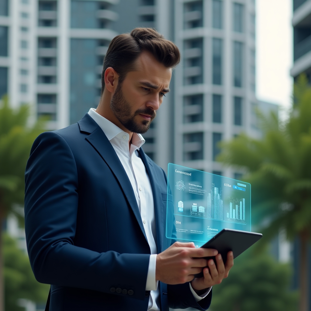 (Ultra-realistic condominium manager in a navy blue executive suit, set in a modern luxury condominium environment with high-rise buildings and lush green landscaping, holding a tablet and examining a holographic interface of charts and app icons representing resource comparison, confident and analytical expression, cinematic lighting, shallow depth of field, highly detailed textures, realistic skin, photographic realism, 8k resolution --ar 1:1 --v 6)