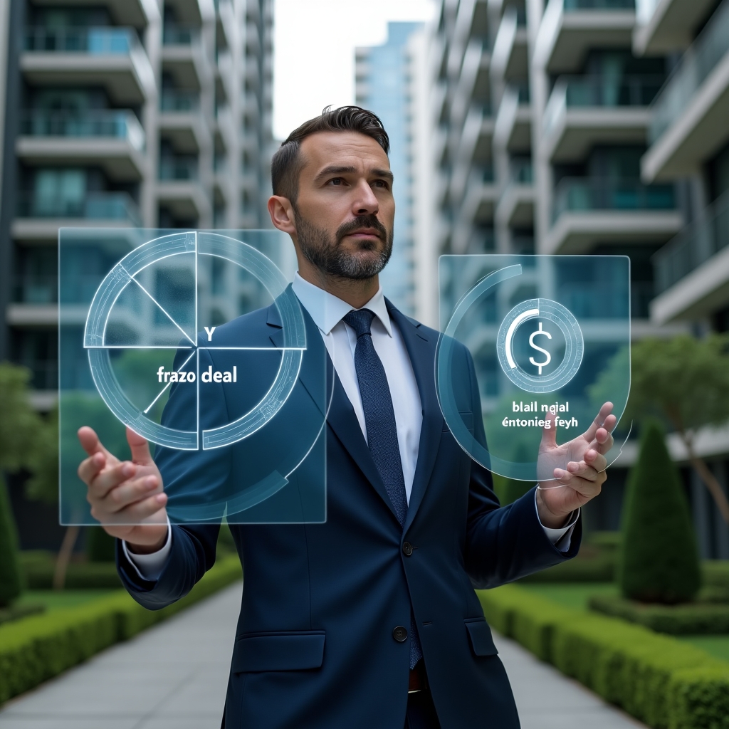 (Ultra-realistic condominium manager in a dark blue executive suit, set in a modern luxury condominium environment with high-rise buildings and manicured green landscaping, standing in a medium shot and confidently analyzing a holographic pie chart displaying proportional fractions and cost allocations, floating numeric labels indicating “fração ideal” and condominium fees, cinematic lighting, shallow depth of field, highly detailed textures, realistic skin, photographic realism, 8k resolution --ar 1:1 --v 6)