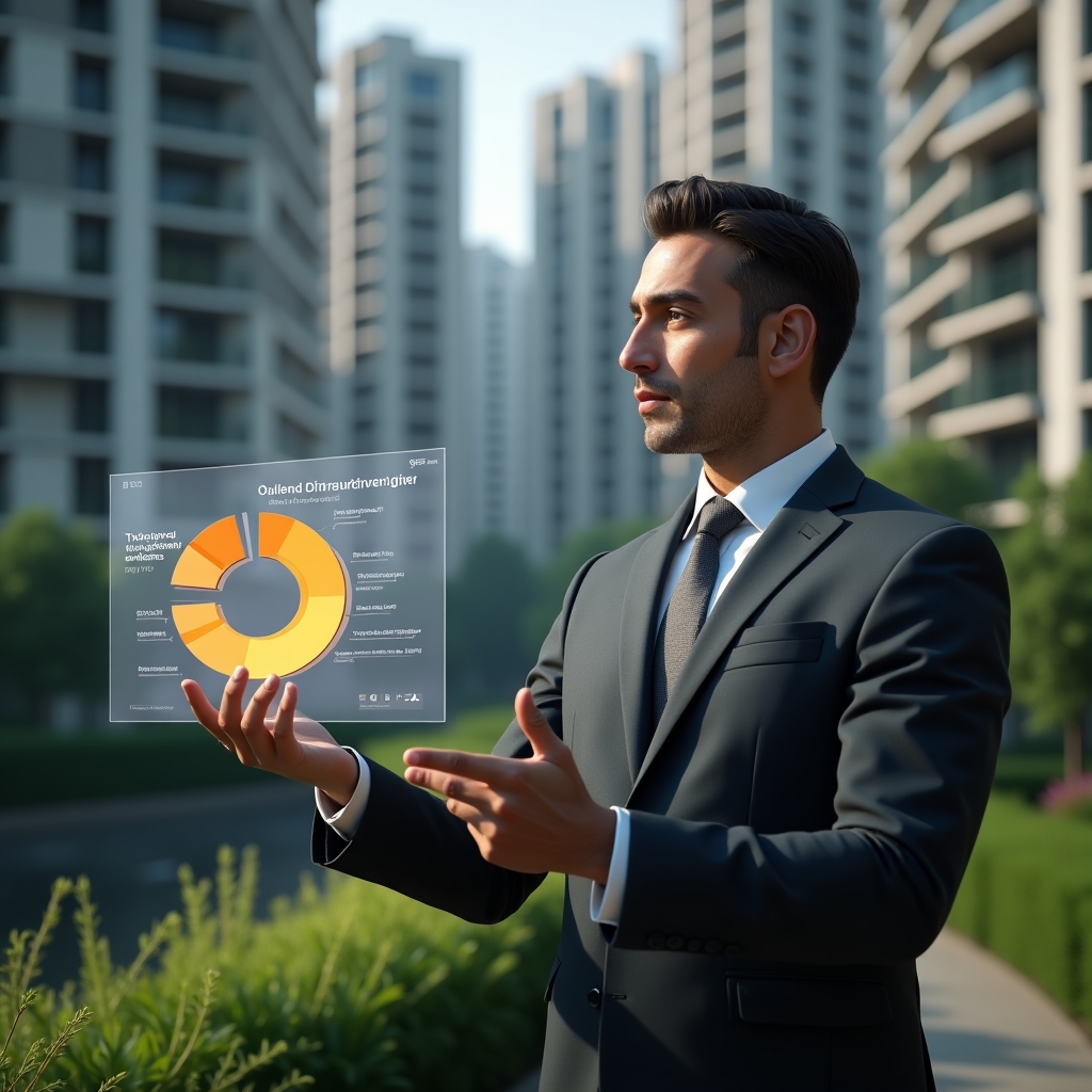 (Ultra-realistic condominium manager in a dark gray executive suit, set in a modern luxury condominium environment with high-rise buildings and meticulously landscaped greenery, reviewing a holographic 3D pie chart breaking down ordinary and extraordinary expenses, expression confident and focused, cinematic lighting, shallow depth of field, highly detailed textures, realistic skin, photographic realism, 8k resolution --ar 1:1 --v 6)