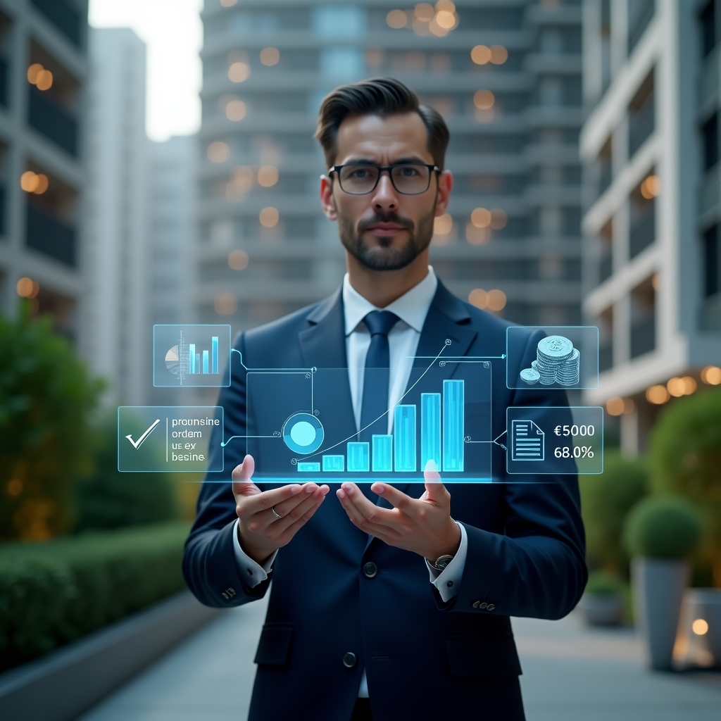 (Ultra-realistic condominium manager in a navy executive suit, set in a modern luxury condominium environment with high-rise buildings and lush green landscaping, medium shot focused on the professional holding a transparent holographic financial report with glowing pie charts and bar graphs, looking confident and focused as if presenting clear and transparent accounting, holographic icons of coins and documents floating beside, cinematic lighting, shallow depth of field, highly detailed textures, realistic skin, photographic realism, 8k resolution --ar 1:1 --v 6)