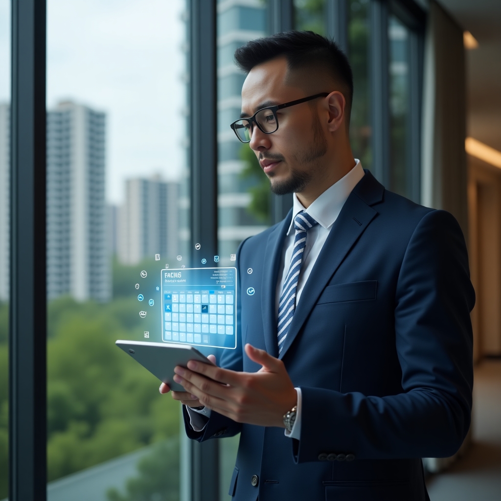 Ultra-realistic condominium manager in a dark blue business suit, set in a modern luxury condominium environment with high-rise buildings and green landscaping, holding a digital tablet displaying a floating holographic calendar with tasks and checkmarks, confidently reviewing the schedule, cinematic lighting, shallow depth of field, highly detailed textures, realistic skin, photographic realism, 8k resolution --ar 1:1 --v 6