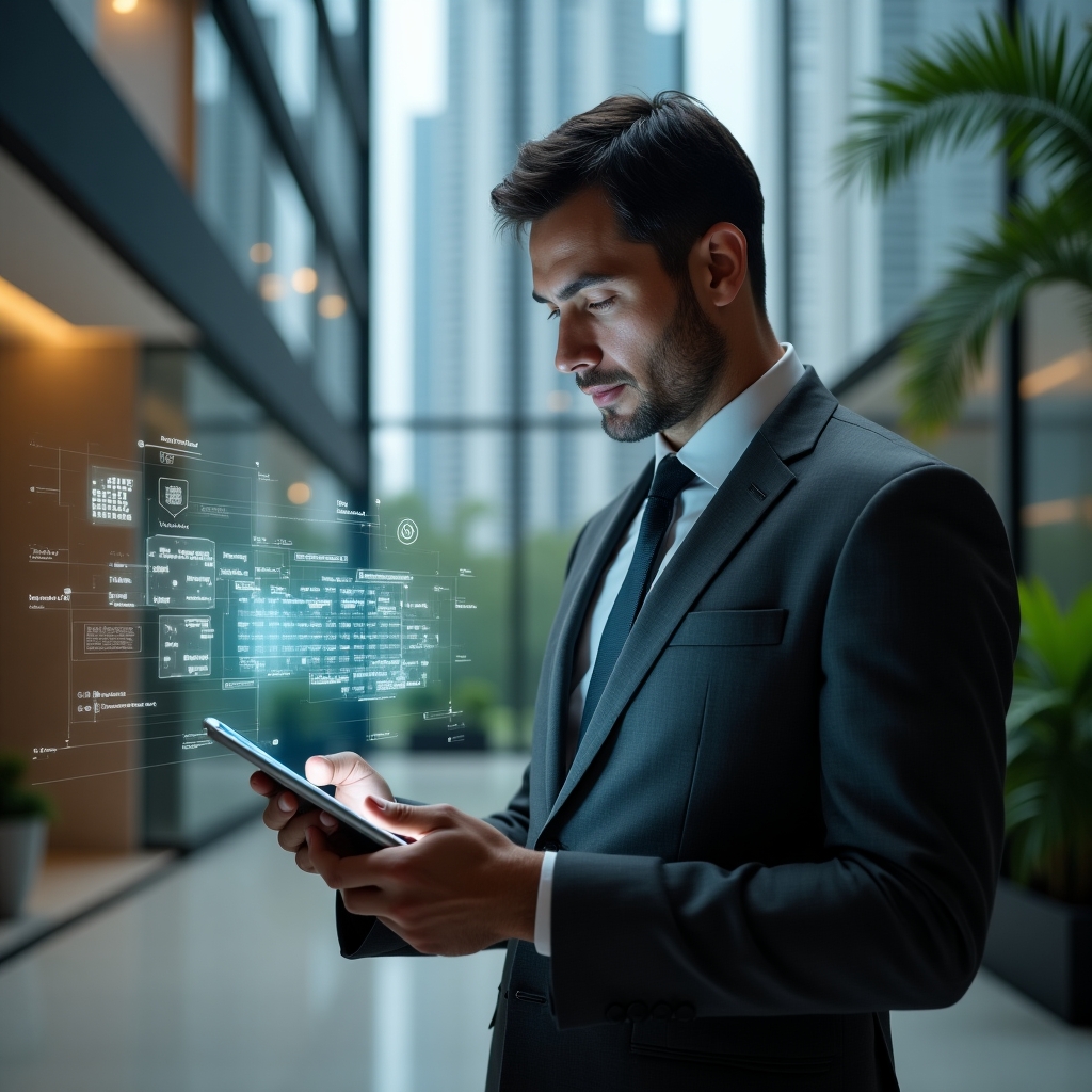 (Ultra-realistic property manager in a tailored dark gray suit, set in a modern luxury condominium lobby with high-rise buildings and lush green landscaping visible through floor-to-ceiling glass, examining a glowing holographic schedule projected from a sleek tablet, with floating calendar icons and timeline markers surrounding him, confident and focused expression, cinematic lighting, shallow depth of field, highly detailed textures, realistic skin, photographic realism, 8k resolution --ar 1:1 --v 6)