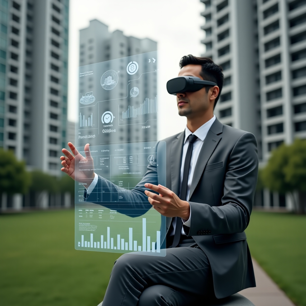 (Ultra-realistic condominium manager in a charcoal gray suit, set in a modern luxury condominium environment with high-rise buildings and manicured green lawns, holding a transparent holographic financial report with clear charts and tables, examining data with a confident, focused expression, floating icons of coins and graphs symbolizing transparency and organization, cinematic lighting, shallow depth of field, highly detailed textures, realistic skin, photographic realism, 8k resolution --ar 1:1 --v 6)