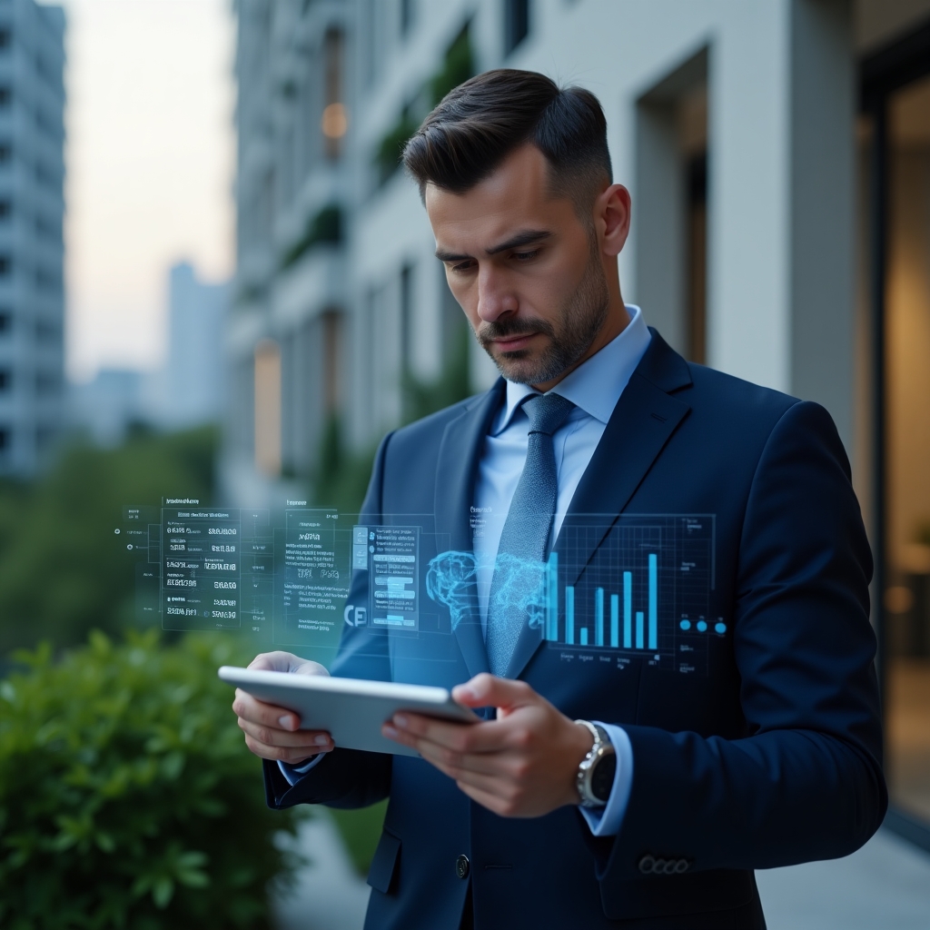 (Ultra-realistic condominium manager in a navy-blue suit, set in a modern luxury condominium environment with high-rise buildings and manicured greenery, reviewing holographic real-time financial reports projected from a sleek tablet, surrounded by semi-transparent charts and graphs symbolizing automated analytics, confident and focused expression, cinematic lighting, shallow depth of field, highly detailed textures, realistic skin, photographic realism, 8k resolution --ar 1:1 --v 6)