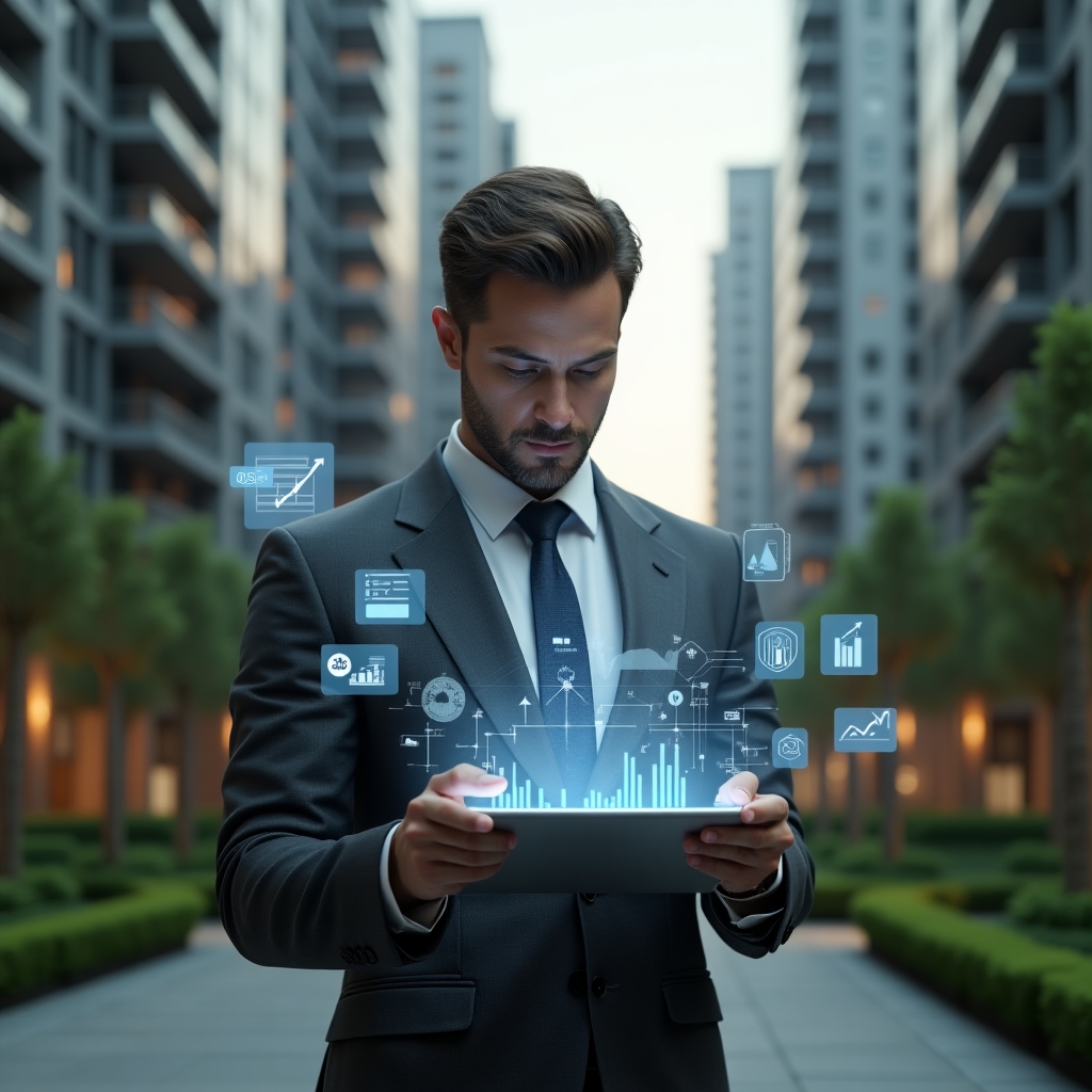 (Ultra-realistic condominium manager in a charcoal gray suit, set in a modern luxury condominium environment with high-rise buildings and manicured green landscaping, studying a holographic financial report display with charts and graphs, confident and focused expression, symbolic floating ledger icons around him, cinematic lighting, shallow depth of field, highly detailed textures, realistic skin, photographic realism, 8k resolution --ar 1:1 --v 6)