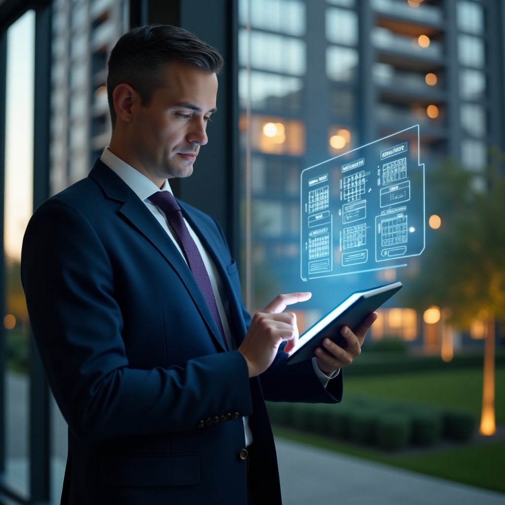 Ultra-realistic condominium manager in a navy executive suit, set in a modern luxury condominium environment with high-rise buildings and manicured green landscaping, holding a tablet displaying a glowing holographic maintenance and meeting schedule, confidently reviewing tasks step by step, holographic icons of a calendar and checklist floating beside them, cinematic lighting, shallow depth of field, highly detailed textures, realistic skin, photographic realism, 8k resolution --ar 1:1 --v 6