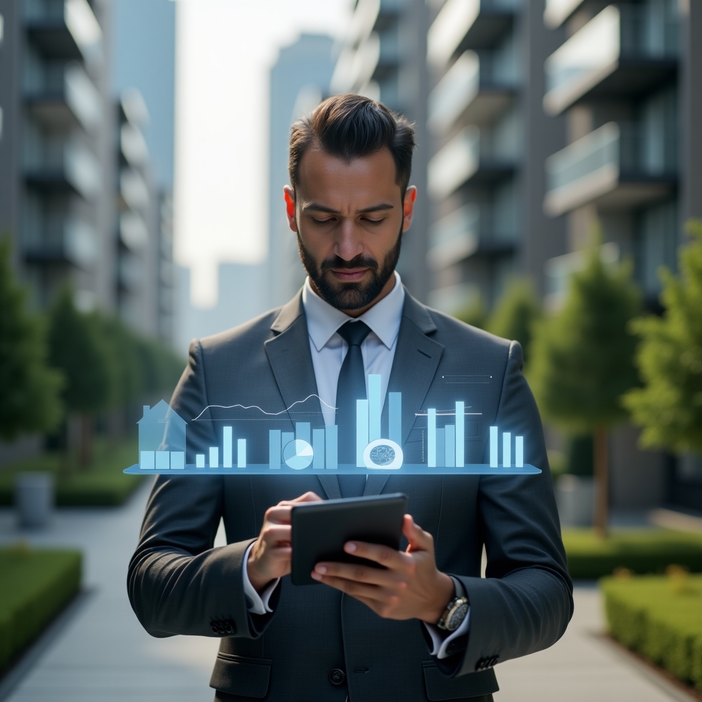 (Ultra-realistic condominium manager in a charcoal gray suit, set in a modern luxury condominium environment with high-rise buildings and manicured green landscaping, reviewing a holographic monthly financial report projected above a sleek tablet, confident and focused expression, floating bar and pie chart holograms symbolizing transparent accounting, cinematic lighting, shallow depth of field, highly detailed textures, realistic skin, photographic realism, 8k resolution --ar 1:1 --v 6)