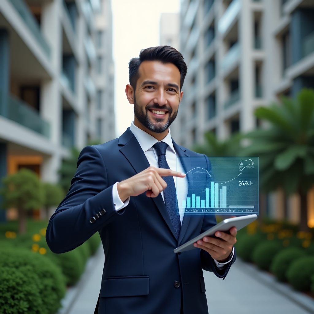 (Ultra-realistic condominium manager in a tailored navy suit, set in a modern luxury condominium environment with high-rise buildings and manicured green landscaping, holding a digital tablet and pointing at a holographic financial chart displaying transparent balance sheets, confident expression, cinematic lighting, shallow depth of field, highly detailed textures, realistic skin, photographic realism, 8k resolution --ar 1:1 --v 6)