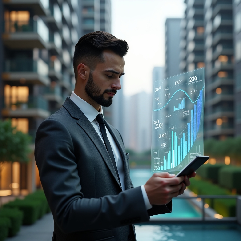 (Ultra-realistic condominium manager in a charcoal gray suit, set in a modern luxury condominium environment with high-rise buildings and lush green landscaping, confidently reviewing a holographic financial report projected above a tablet, glowing icons of bar charts and dollar signs floating around, cinematic lighting, shallow depth of field, highly detailed textures, realistic skin, photographic realism, 8k resolution --ar 1:1 --v 6)