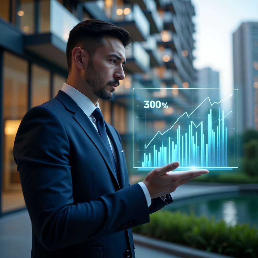 Ultra-realistic condominium manager in a dark blue suit, set in a modern luxury condominium environment with high-rise buildings and lush green landscaping, analyzing a transparent holographic financial dashboard displaying descending expense charts to symbolize a 30% reduction in extraordinary costs, confident and focused expression, cinematic lighting, shallow depth of field, highly detailed textures, realistic skin, photographic realism, 8k resolution --ar 1:1 --v 6