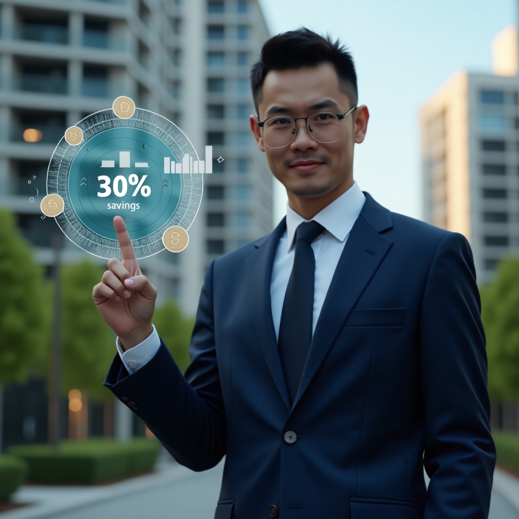 (Ultra-realistic condominium manager in a dark blue suit, set in a modern luxury condominium environment with high-rise buildings and manicured greenery, mid shot, confidently pointing at a holographic financial chart displaying “-30%” savings, floating icons of coins and bar graphs around them, cinematic lighting, shallow depth of field, highly detailed textures, realistic skin, photographic realism, 8k resolution --ar 1:1 --v 6)