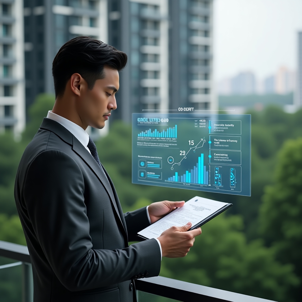 Ultra-realistic condominium manager in a dark gray tailored suit, set in a modern luxury condominium environment with high-rise buildings and lush green landscaping, reviewing a floating holographic budget chart with contract icons and cost-saving graphs, confident and focused expression, cinematic lighting, shallow depth of field, highly detailed textures, realistic skin, photographic realism, 8k resolution --ar 1:1 --v 6