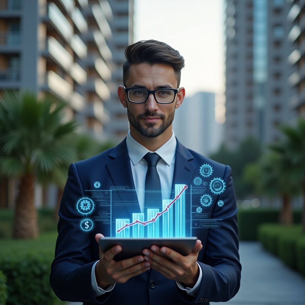 Ultra-realistic condominium manager in a navy suit, set in a modern luxury condominium environment with high-rise buildings and lush green landscaping, holding a digital tablet displaying holographic cost-reduction graphs, confident expression, futuristic technology icons floating around (gear, dollar signs, bar charts), cinematic lighting, shallow depth of field, highly detailed textures, realistic skin, photographic realism, 8k resolution --ar 1:1 --v 6