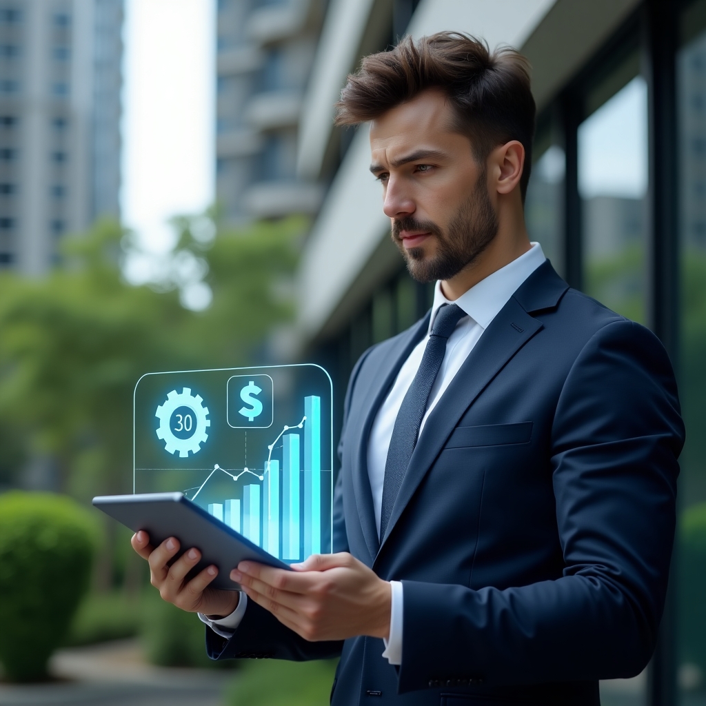(Ultra-realistic condominium manager in a tailored navy suit, set in a modern luxury condominium environment with high-rise buildings and lush green landscaping, holding a transparent tablet displaying holographic cost-saving graphs and sustainability icons, confidently analyzing data with a focused expression, money-saving symbol and gear icon floating beside the display, cinematic lighting, shallow depth of field, highly detailed textures, realistic skin, photographic realism, 8k resolution --ar 1:1 --v 6)