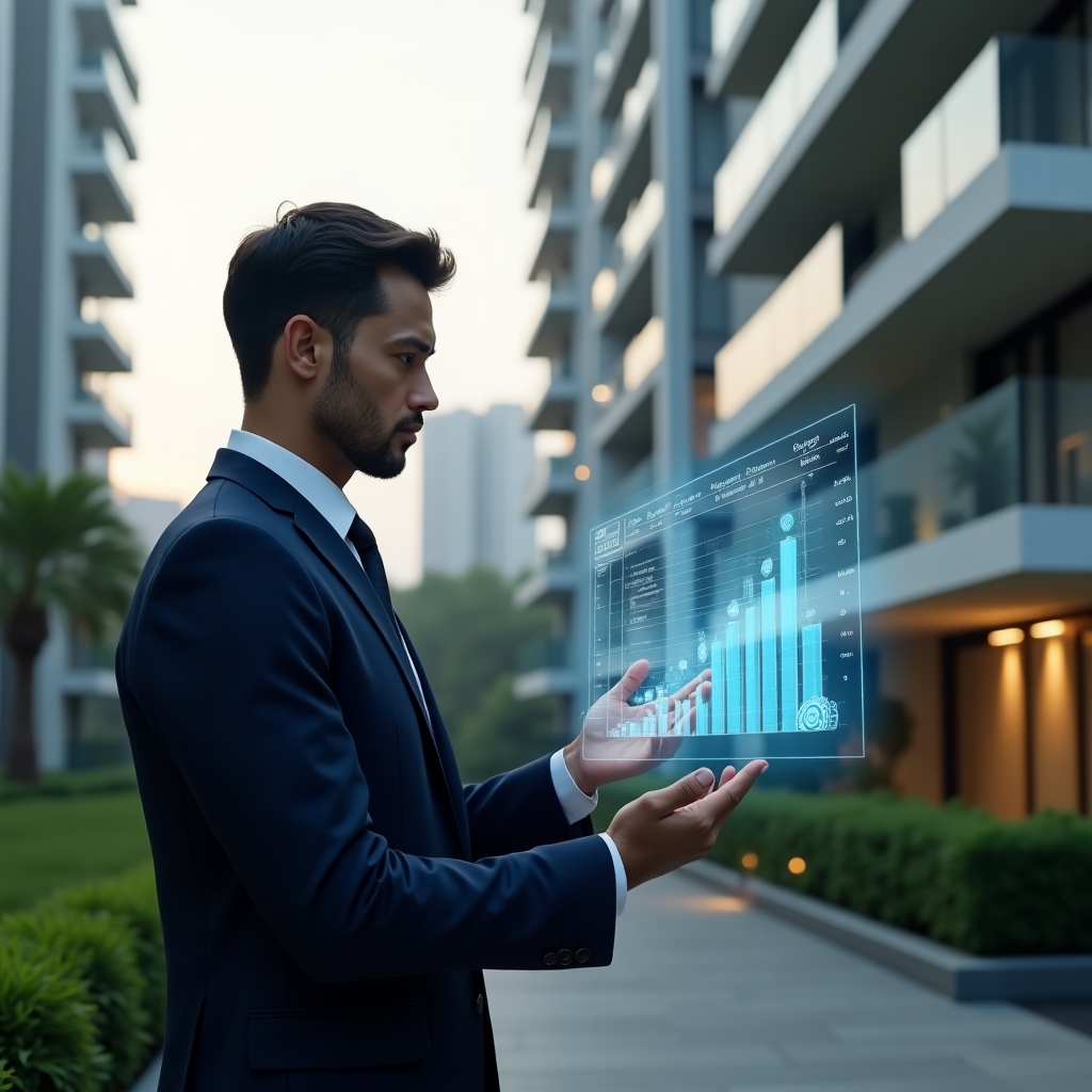(Ultra-realistic condominium manager in a tailored navy suit, set in a modern luxury condominium environment with high-rise buildings and meticulously landscaped gardens, reviewing a floating holographic financial chart with budget lines and gear icons, projecting confidence and focus, cinematic lighting, shallow depth of field, highly detailed textures, realistic skin, photographic realism, 8k resolution --ar 1:1 --v 6)