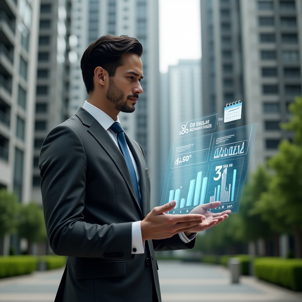 (Ultra-realistic condominium manager in a charcoal gray suit, set in a modern luxury condominium environment with high-rise buildings and manicured green landscaping, holding a transparent financial hologram displaying a 30% cost-reduction chart, confidently reviewing digital graphs and budgets, a floating icon of a calendar and checklist beside them, cinematic lighting, shallow depth of field, highly detailed textures, realistic skin, photographic realism, 8k resolution --ar 1:1 --v 6)