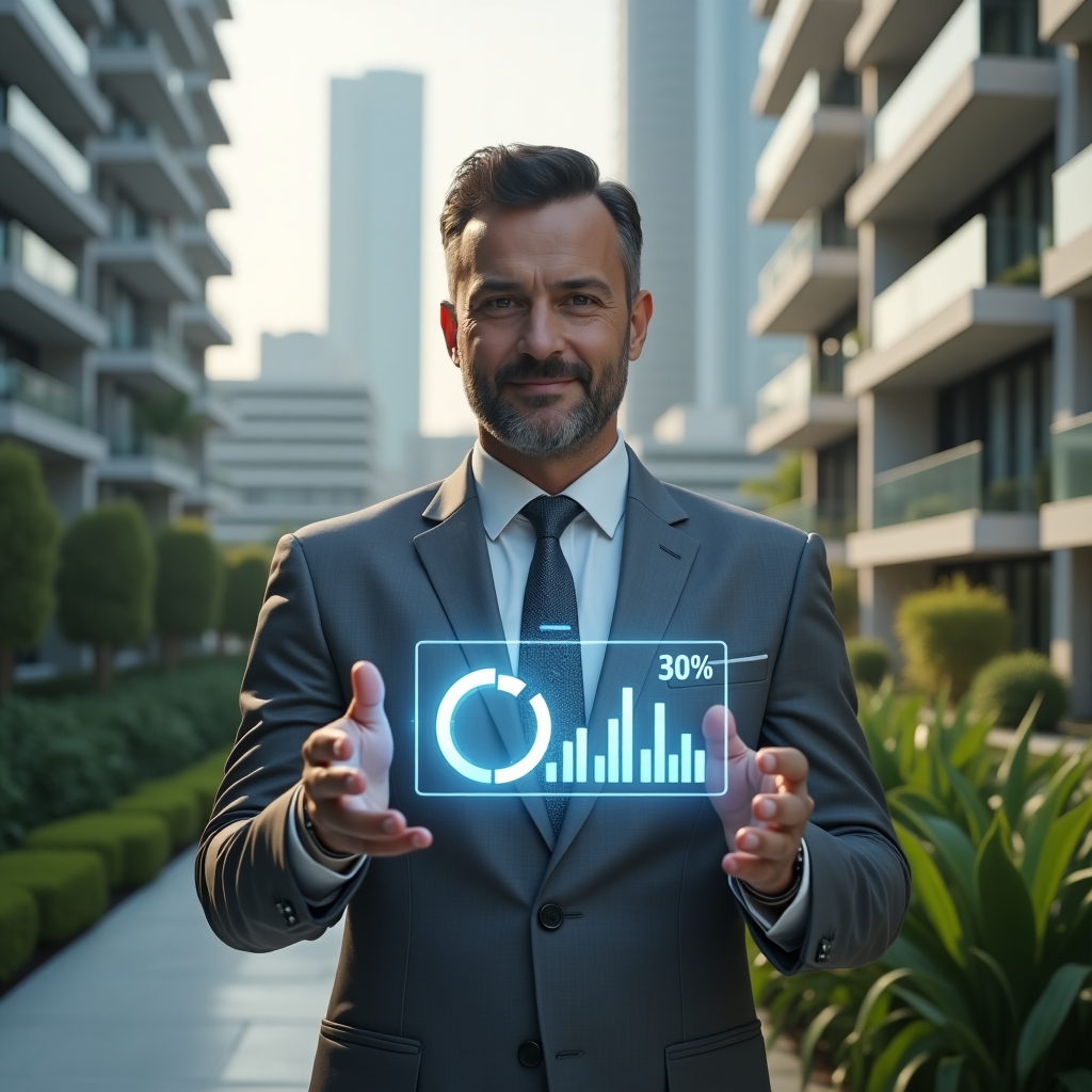 (Ultra-realistic condominium manager in a tailored gray suit, set in a modern luxury condominium environment with high-rise buildings and pristine green landscaping, analyzing a holographic pie chart highlighting a 30% cost reduction, confident and focused expression, cinematic lighting, shallow depth of field, highly detailed textures, realistic skin, photographic realism, 8k resolution --ar 1:1 --v 6)