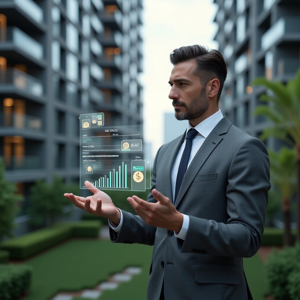 Ultra-realistic condominium manager in a tailored charcoal gray suit, set in a modern luxury condominium environment with high-rise buildings and green landscaping, analyzing a floating holographic chart of payment schedules with a confident expression, holographic icons of coins and calendar reminders symbolizing financial management, cinematic lighting, shallow depth of field, highly detailed textures, realistic skin, photographic realism, 8k resolution --ar 1:1 --v 6