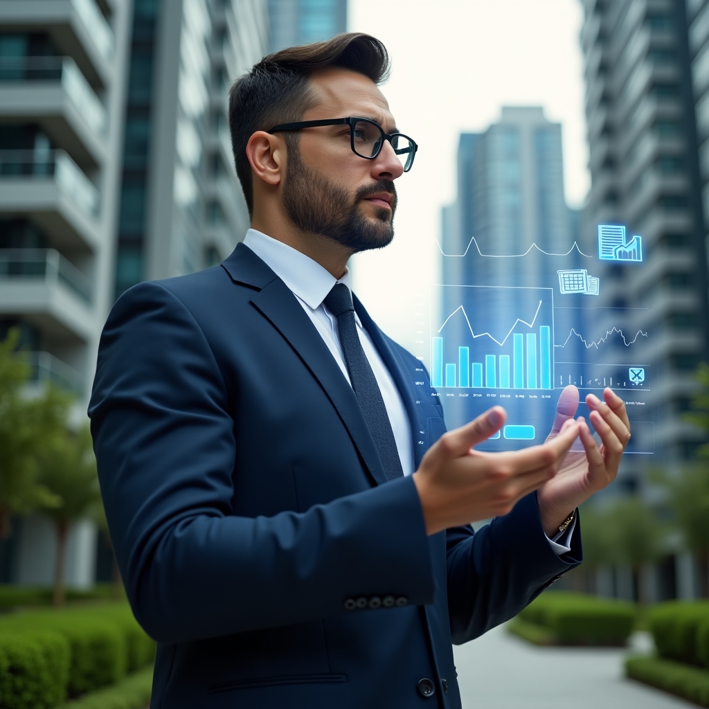 (Ultra-realistic condominium manager in a navy suit, set in a modern luxury condominium environment with high-rise buildings and manicured green landscaping, holding a transparent holographic financial dashboard and confidently analyzing digital graphs, floating icons of receipts and balance sheets symbolizing financial transparency, cinematic lighting, shallow depth of field, highly detailed textures, realistic skin, photographic realism, 8k resolution --ar 1:1 --v 6)
