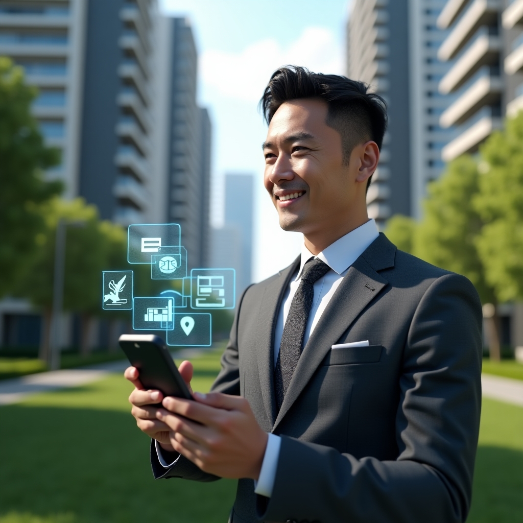 (Ultra-realistic condominium manager in a charcoal gray suit, set in a modern luxury condominium environment with high-rise buildings and manicured green landscaping, holding a smartphone displaying holographic chat icons and data streams to symbolize streamlined communication, confident and engaged expression, cinematic lighting, shallow depth of field, highly detailed textures, realistic skin, photographic realism, 8k resolution --ar 1:1 --v 6)