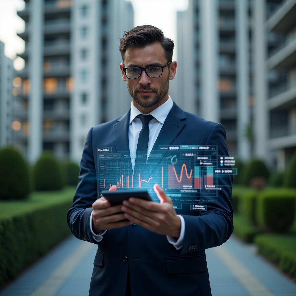 (Ultra-realistic property manager in a navy executive suit, set in a modern luxury condominium environment with high-rise buildings and manicured green landscaping, close-up of a confident professional analyzing a holographic dashboard of automated billing charts and floating invoice icons, cinematic lighting, shallow depth of field, highly detailed textures, realistic skin, photographic realism, 8k resolution --ar 1:1 --v 6)