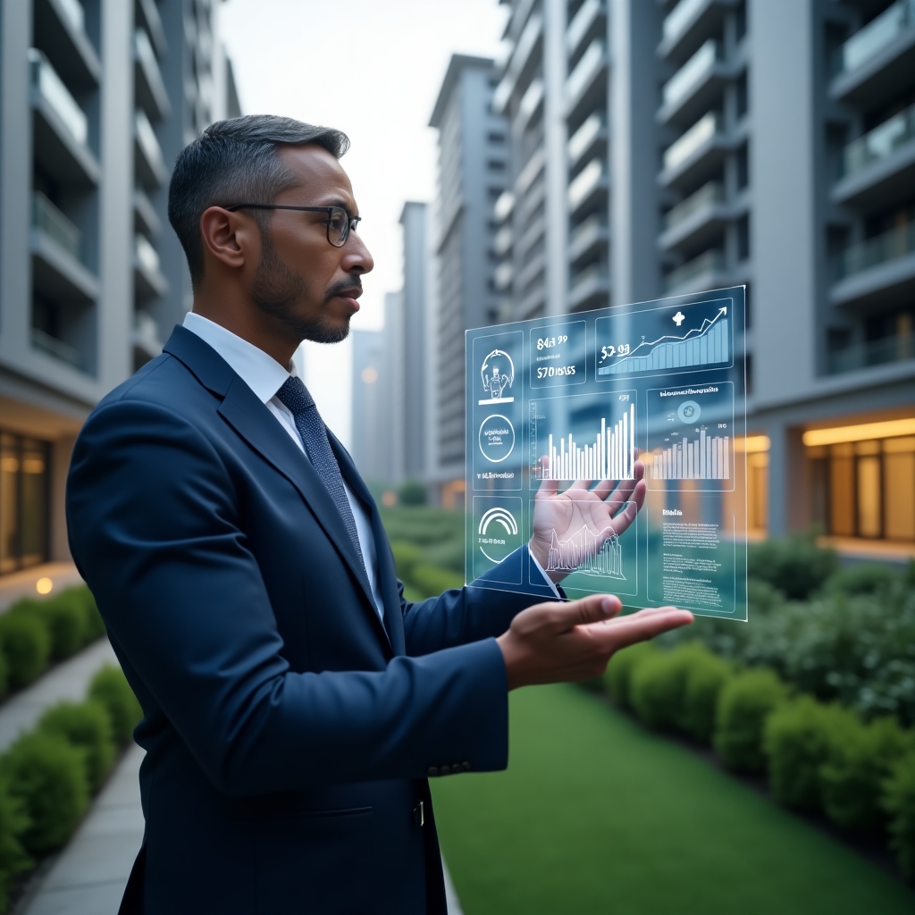 (Ultra-realistic condominium property manager in a navy blue suit, set in a modern luxury condominium environment with high-rise buildings and manicured green landscaping, mid-shot showing a confident professional analyzing a floating holographic financial report and pointing at transparent digital charts and icons representing transparency and efficiency, cinematic lighting, shallow depth of field, highly detailed textures, realistic skin, photographic realism, 8k resolution --ar 1:1 --v 6)