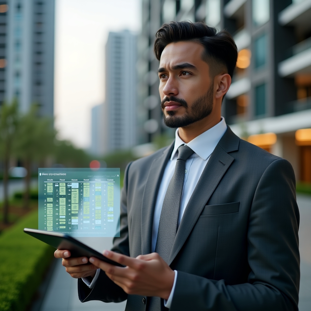 Ultra-realistic condominium manager in a charcoal gray suit, set in a modern luxury condominium environment with high-rise buildings and manicured green landscaping, confidently holding a tablet displaying a holographic annual calendar, touchscreen schedule icons floating around, thoughtful expression, cinematic lighting, shallow depth of field, highly detailed textures, realistic skin, photographic realism, 8k resolution --ar 1:1 --v 6