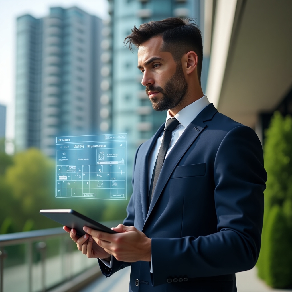 (Ultra-realistic condominium manager in a navy executive suit, set in a modern luxury condominium environment with high-rise buildings and lush green landscaping, holding a tablet displaying a floating holographic maintenance calendar with tool and clock icons, focused and confident expression, cinematic lighting, shallow depth of field, highly detailed textures, realistic skin, photographic realism, 8k resolution --ar 1:1 --v 6)
