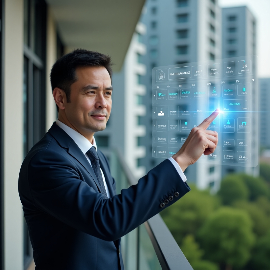 Ultra-realistic condominium manager in a navy suit, set in a modern luxury condominium environment with high-rise buildings and green landscaping, confidently pointing at a floating holographic annual schedule with icons for maintenance, meetings and cleaning, cinematic lighting, shallow depth of field, highly detailed textures, realistic skin, photographic realism, 8k resolution --ar 1:1 --v 6