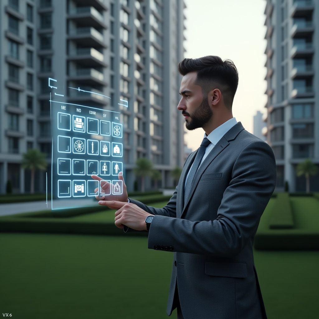 (Ultra-realistic condominium manager in a charcoal gray suit, set in a modern luxury condominium environment with high-rise buildings and manicured green landscaping, medium shot of a confident professional pointing at a floating holographic calendar displaying maintenance and inspection icons, subtle holographic task markers around, cinematic lighting, shallow depth of field, highly detailed textures, realistic skin, photographic realism, 8k resolution --ar 1:1 --v 6)
