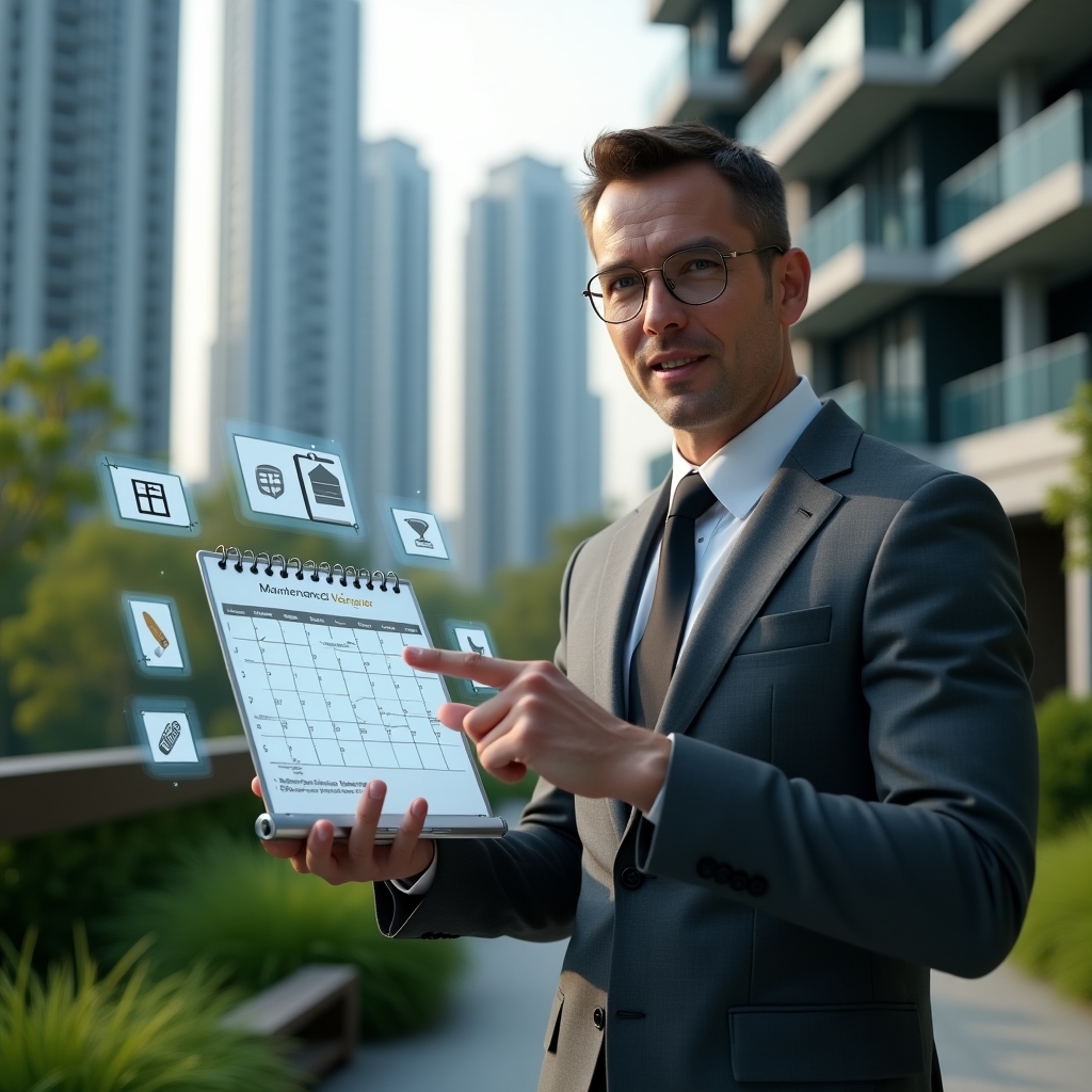 Ultra-realistic condominium manager in a charcoal gray executive suit, set in a modern luxury condominium environment with high-rise buildings and lush green landscaping, holding and interacting with a holographic maintenance schedule calendar, pointing confidently at upcoming tasks, surrounded by floating icons of tools and checklists, cinematic lighting, shallow depth of field, highly detailed textures, realistic skin, photographic realism, 8k resolution --ar 1:1 --v 6