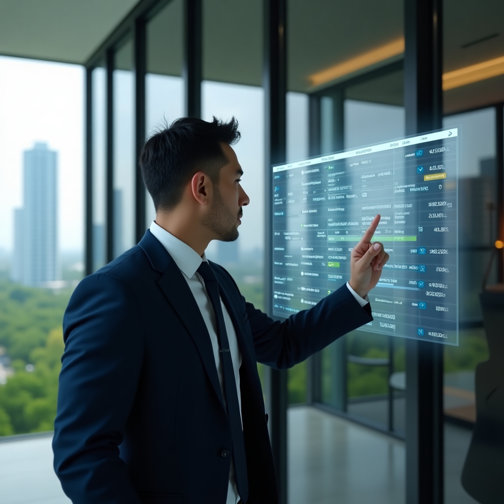 (Ultra-realistic professional condominium manager in a tailored navy suit, set in a modern luxury condominium environment with high-rise buildings and lush green landscaping visible through glass walls, confidently pointing at a holographic maintenance schedule calendar displaying tasks and deadlines with floating icon markers and checklists, inspirational atmosphere, cinematic lighting, shallow depth of field, highly detailed textures, realistic skin, photographic realism, 8k resolution --ar 1:1 --v 6)