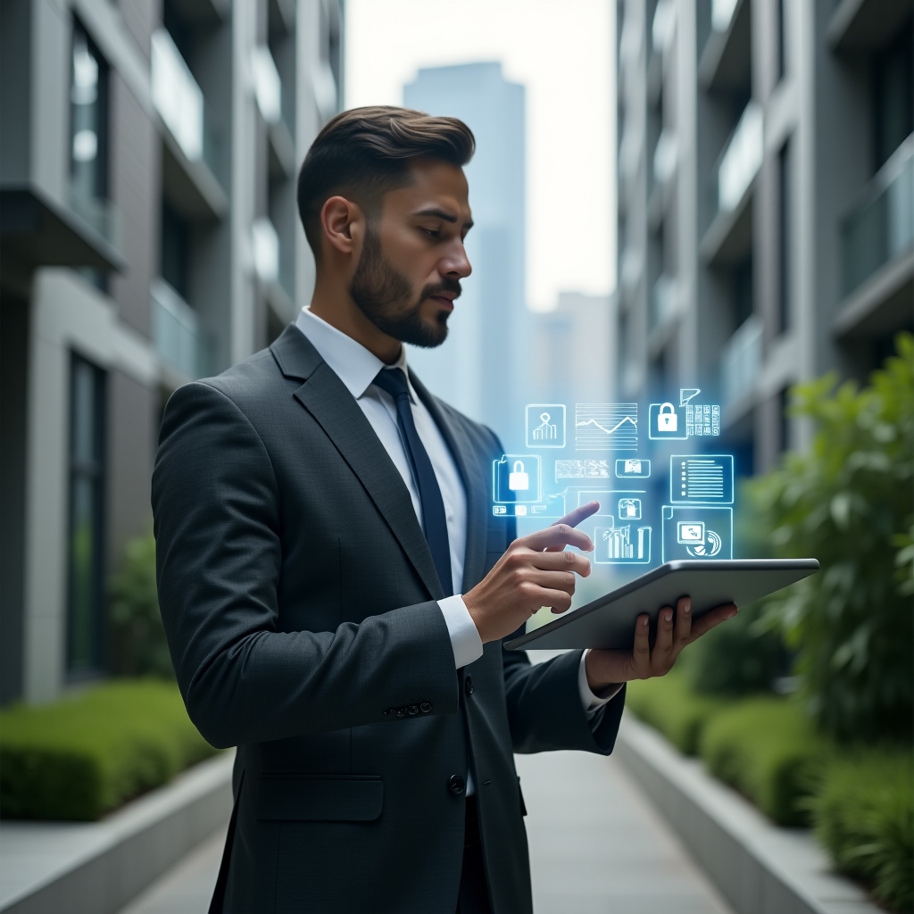Ultra-realistic condominium manager in a dark gray suit, set in a modern luxury condominium environment with high-rise buildings and manicured green landscaping, holding a holographic touchscreen interface displaying icons of financial charts, reservation calendars, security locks and communication bubbles, confidently interacting with digital widgets, cinematic lighting, shallow depth of field, highly detailed textures, realistic skin, photographic realism, 8k resolution --ar 1:1 --v 6
