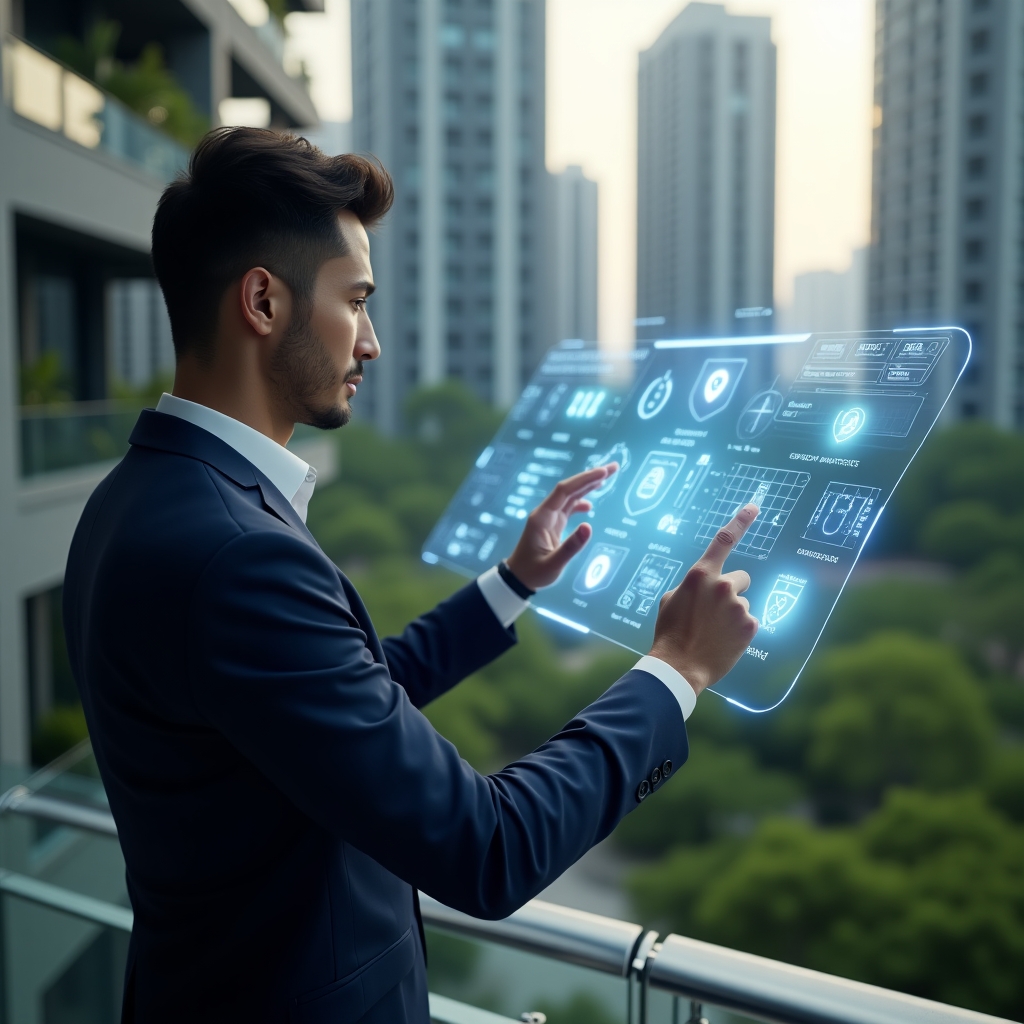 (Ultra-realistic condominium manager in a tailored navy blue suit, set in a modern luxury condominium environment with high-rise buildings and meticulously landscaped greenery, confidently examining a holographic dashboard displaying icons for communication, financial graphs, security shields and reservation calendars, cinematic lighting, shallow depth of field, highly detailed textures, realistic skin, photographic realism, 8k resolution --ar 1:1 --v 6)