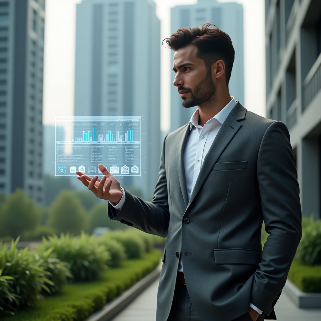 Ultra-realistic condominium manager in a tailored gray suit, set in a modern luxury condominium environment with high-rise buildings and lush green landscaping, examining a floating holographic budget chart and assembly quorum icons, confident and focused expression, cinematic lighting, shallow depth of field, highly detailed textures, realistic skin, photographic realism, 8k resolution --ar 1:1 --v 6