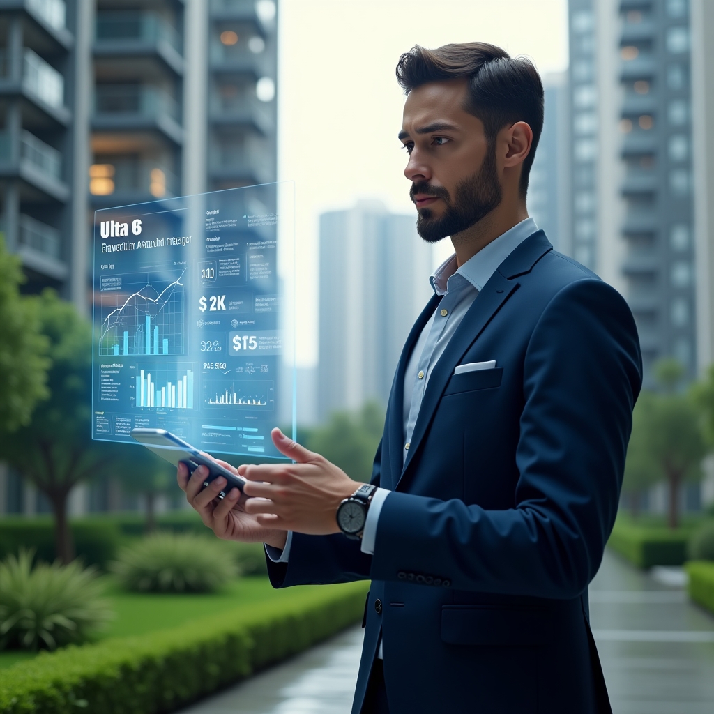 (Ultra-realistic condominium manager in a navy blue tailored suit, set in a modern luxury condominium environment with high-rise buildings and lush green landscaping, reviewing digital financial reports on a transparent holographic screen with charts and cost-saving icons, confident and analytical expression, cinematic lighting, shallow depth of field, highly detailed textures, realistic skin, photographic realism, 8k resolution --ar 1:1 --v 6)