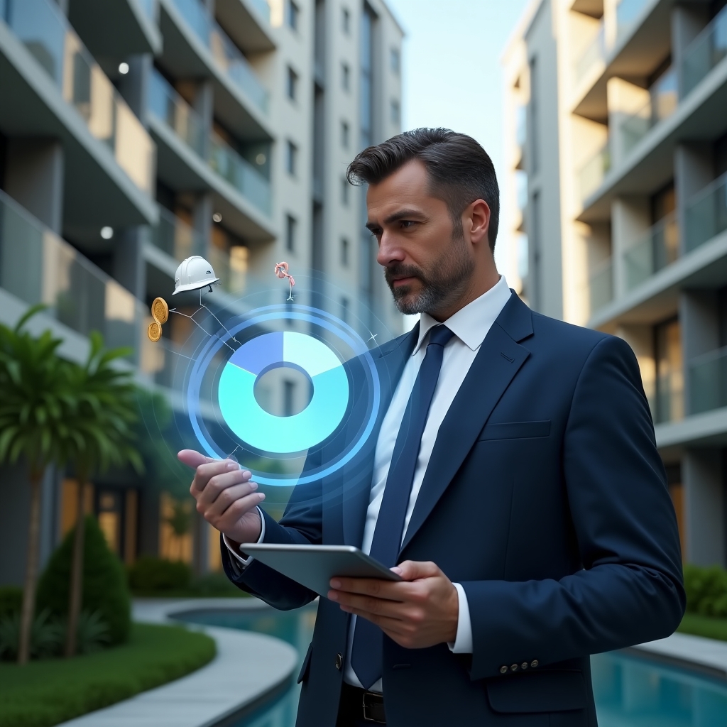 (Ultra-realistic condominium manager in a navy executive suit, set in a modern luxury condominium environment with high-rise buildings and manicured green landscaping, analyzing a holographic pie chart displaying ordinary vs extraordinary expenses, pointing at the chart with a digital tablet in hand, floating icons of coins and a construction helmet symbolizing financial planning, cinematic lighting, shallow depth of field, highly detailed textures, realistic skin, photographic realism, 8k resolution --ar 1:1 --v 6)