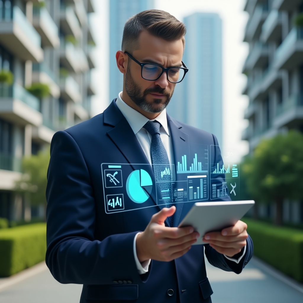 Ultra-realistic condominium manager in a navy blue suit, set in a modern luxury condominium environment with high-rise buildings and manicured green landscaping, mid-shot reviewing a holographic financial report split into ordinary and extraordinary expenses with a confident expression, holographic pie chart and floating icons of maintenance tools and emergency symbols, cinematic lighting, shallow depth of field, highly detailed textures, realistic skin, photographic realism, 8k resolution --ar 1:1 --v 6