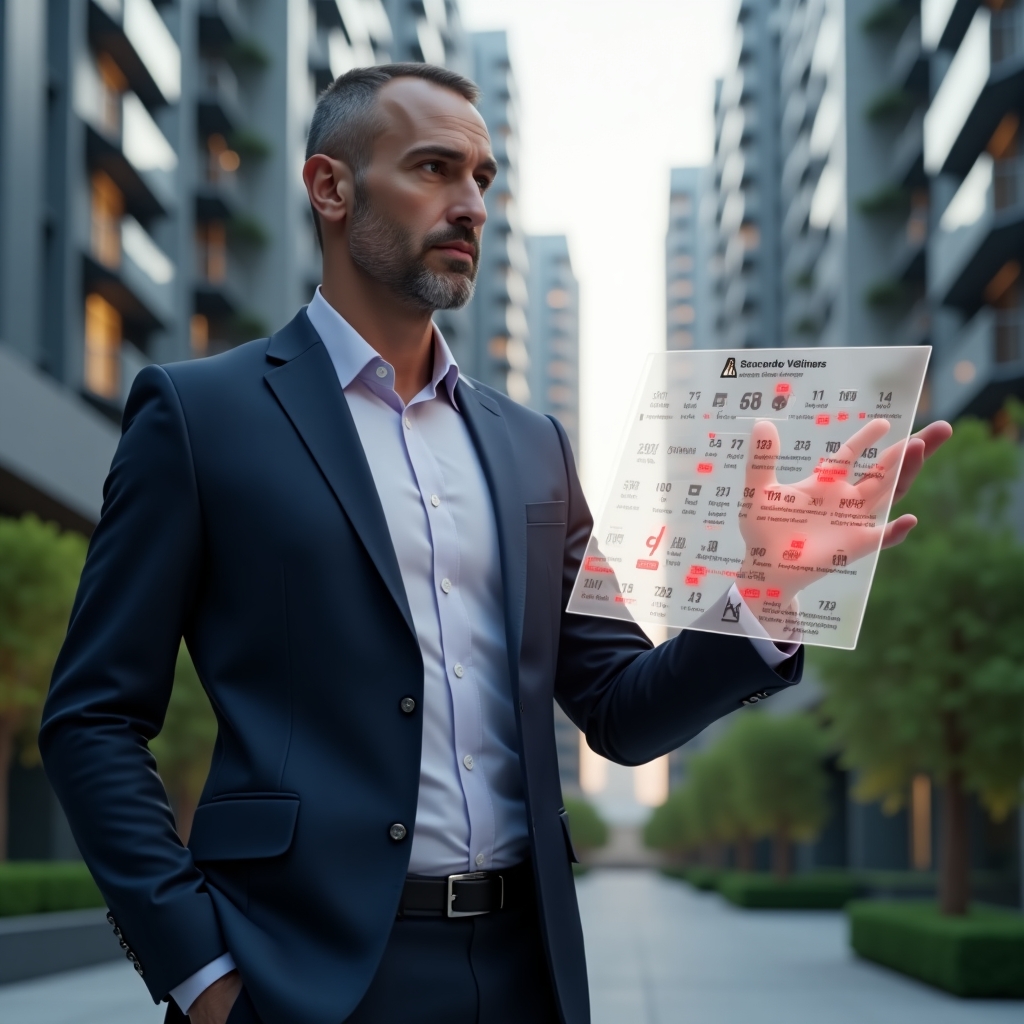 Ultra-realistic condominium manager in a navy suit, set in a modern luxury condominium environment with high-rise buildings and green landscaping, examining a floating holographic calendar with red warning icons, thoughtful and confident expression as he identifies schedule errors, cinematic lighting, shallow depth of field, highly detailed textures, realistic skin, photographic realism, 8k resolution --ar 1:1 --v 6