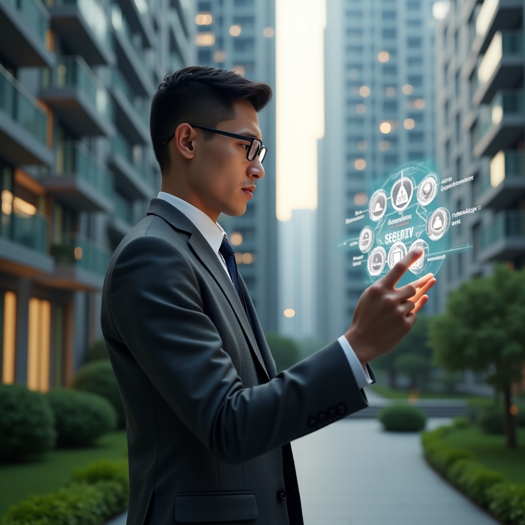 Ultra-realistic condominium manager in a charcoal gray tailored suit, set in a modern luxury condominium environment with high-rise buildings and lush green landscaping, examining a floating holographic interface displaying icons for finance, reservations, security and analytics, confident and focused expression, cinematic lighting, shallow depth of field, highly detailed textures, realistic skin, photographic realism, 8k resolution --ar 1:1 --v 6
