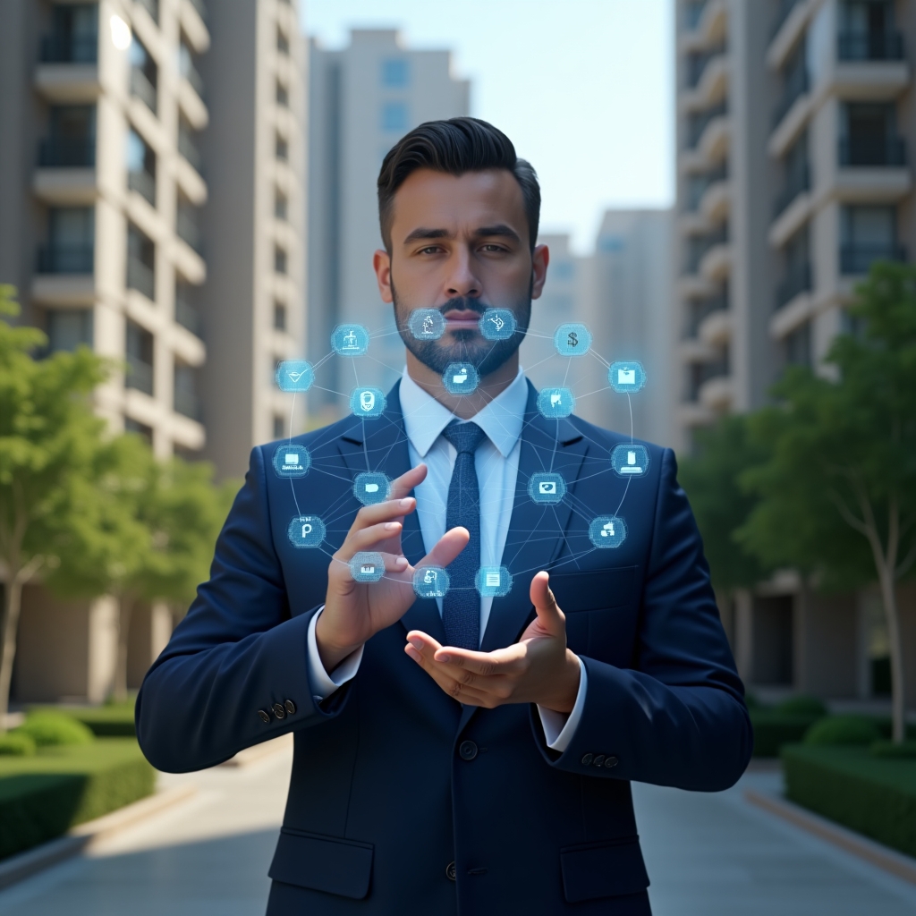 (Ultra-realistic condominium property manager in a navy blue slim-fit suit, set in a modern luxury condominium environment with high-rise buildings and lush green landscaping, confidently interacting with a floating holographic interface displaying app icons for finances, security, reservations, and reports, vibrant holographic elements representing the ten essential features of a residential management app, cinematic lighting, shallow depth of field, highly detailed textures, realistic skin, photographic realism, 8k resolution --ar 1:1 --v 6)