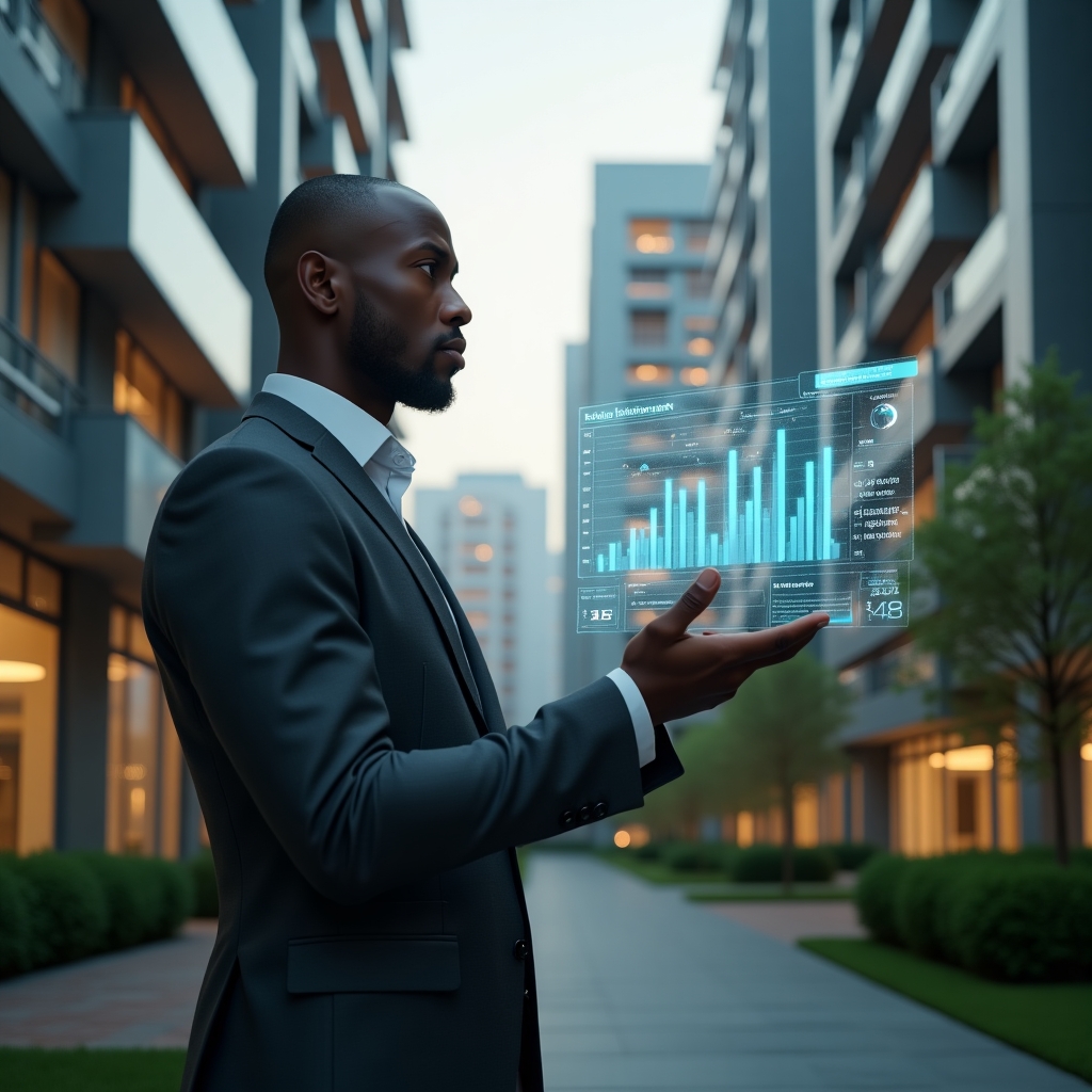 (Ultra-realistic condominium manager in a charcoal gray executive suit, set in a modern luxury condominium environment with high-rise buildings and manicured green landscaping, analyzing a floating holographic financial dashboard with cost-reduction icons and graphs, confident and focused expression, cinematic lighting, shallow depth of field, highly detailed textures, realistic skin, photographic realism, 8k resolution --ar 1:1 --v 6)