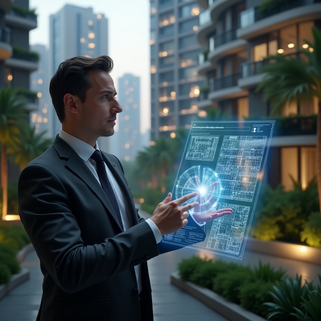 Ultra-realistic condominium manager in a dark gray tailored suit, set in a modern luxury condominium environment with high-rise buildings and meticulously landscaped greenery, examining a translucent holographic pie chart and architectural blueprint that illustrate unit fractional shares, thoughtful expression, cinematic lighting, shallow depth of field, highly detailed textures, realistic skin, photographic realism, 8k resolution --ar 1:1 --v 6